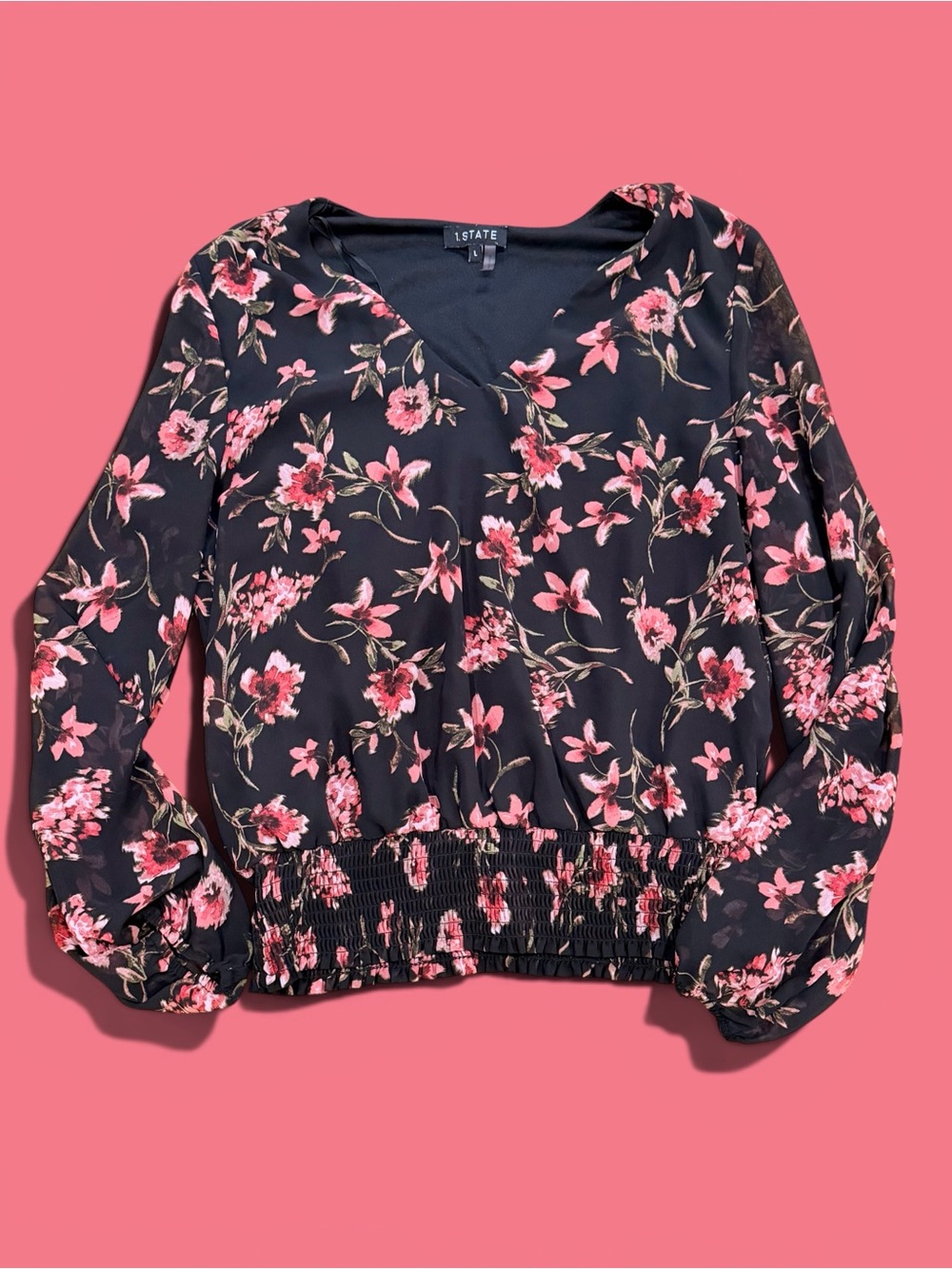 1. State Black Blouse with Pink Floral Print